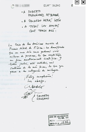 Carta de Galeano a Casa de las Américas.